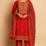 Beautiful Women Red Silk-Blend Fabric 3-Pc Suit Set❤ with Golden Embroidery ⭐