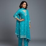 Sky Blue Raw Silk 3-Pc Suit Set with Tassel Dupatta