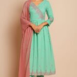 Women Cotton Frock Suit 3-pc Set (Cyan)