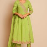 Women Cotton Frock Suit 3-pc Set (Green)