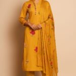 Yellow V-Neck Silk 3-Pc Suit Set
